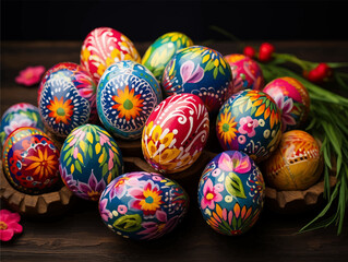 Hand painted Easter egg with flowers and leaves shapes and many color, isolated background