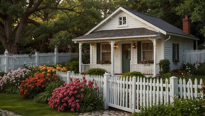 The quaint charm of a cottage exterior nestled among blooming flowers and a picket fence  ai_generated