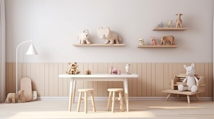 children's playroom with a neutral color palette, mainly in shades of white and beige. This room is equipped with various toys