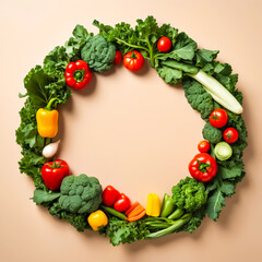 World Vegetarian Day Vegetable Wreath with Kale, Spinach, Peppers, and Tomatoes on Beige Background