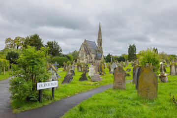 Church building along Valour Path in Windsor cemetery, southern England