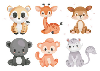 Set with cute woodland forest animals in cartoon style. Ideal kids design, for fabric, wrapping, textile, wallpaper, apparel on isolated white background