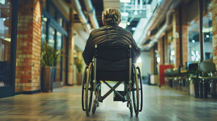 A disabled person in a wheelchair painting in an art studio. Disabled person
