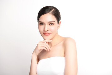 Beautiful young asian woman with clean fresh skin on white background, Face care, Facial treatment, Cosmetology, beauty and spa, Asian women portrait.