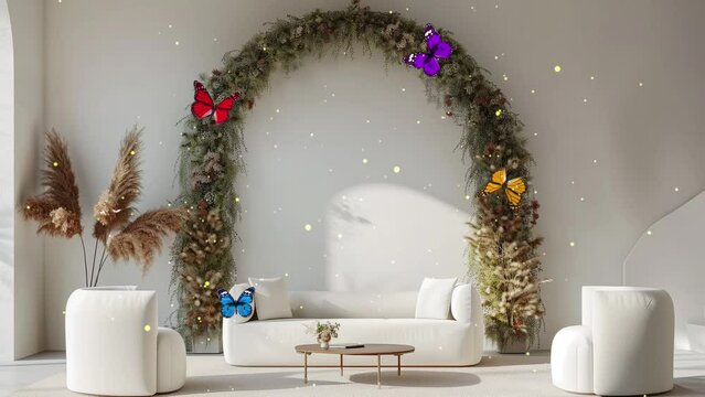 living room interior mock up modern furniture, seamless looping overlay 4k virtual video animation background