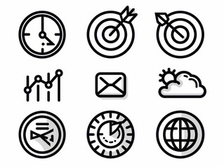 The set includes icons for target with arrow, goal achievement, progress chart, milestone, motivation, focus, determination, and success
