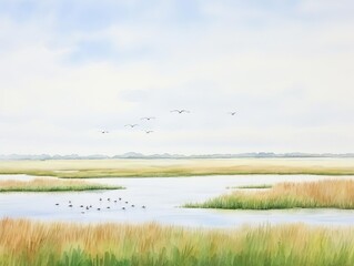 Obraz premium Peaceful wetland landscape with birds flying in the sky and ducks swimming in the water surrounded by tall grass on a cloudy day.