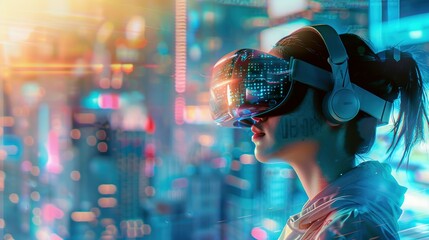 Fototapeta premium A Young Woman Embraces the Future, Immersed in a Virtual World Through VR Glasses