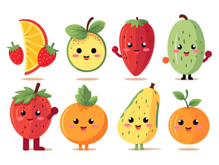 Cute funny cartoon fruit apple, strawberry, watermelon, pineapple, peach, orange, pear, cherry and lemon. Cartoon fruit character set. Funny emoticon in flat style. Food emoji vector illustration