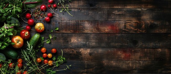 Abundance of fresh produce and herbs displayed on a dark wooden backdrop. Empty space available for your message. Overhead view.