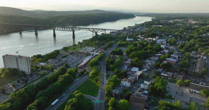 Late afternoon, spring, aerial video of Poughkeepsie NY.	