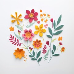 Colorful paper cut flowers and leaves on a white background, showcasing handmade artistic floral arrangement.