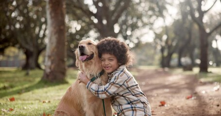 Boy, relax and hug dog in park, countryside and puppy for support in childhood of animal friend. Male person, kid and embrace pet for bonding in outdoor nature, love and happy on vacation for peace