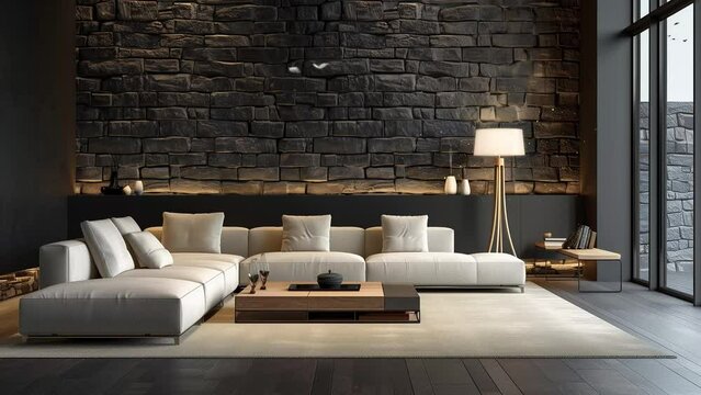 modern interior of a living room penthouse loft seamless looping overlay 4k virtual video animation background