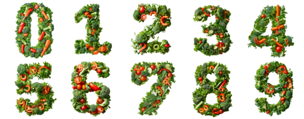 Numerals 0-9 Crafted from Vegetables on transparent Background