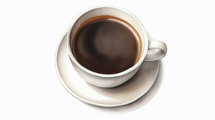Obraz premium Top view of a steaming cup of coffee on a white background, perfect for breakfast or coffee shop themes.
