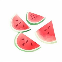 Vibrant watercolor illustration of four watermelon slices with green rinds and red interiors, symbolizing freshness and summer.