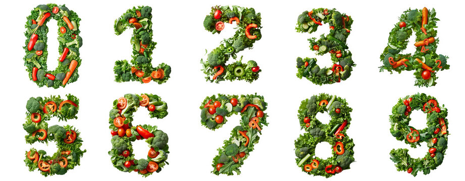 Numerals 0-9 Crafted from Vegetables on transparent Background