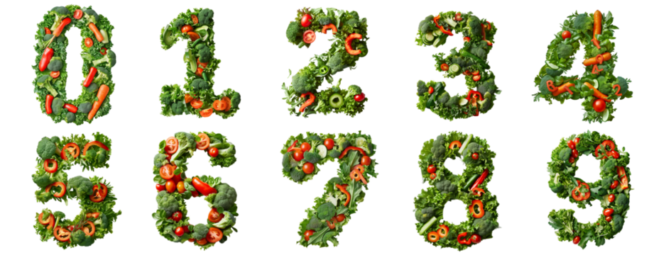 Numerals 0-9 Crafted from Vegetables on transparent Background