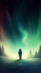Obraz premium A solitary figure gazes at vibrant northern lights in a winter landscape, surrounded by trees under a starry sky.
