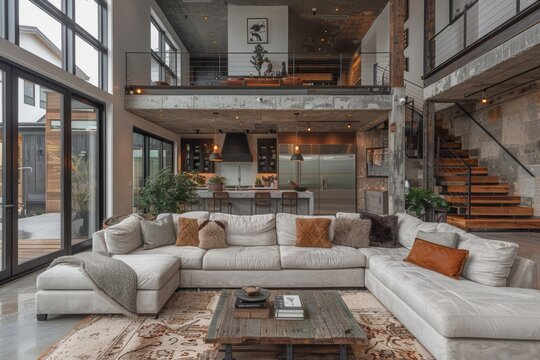 Industrial home design with exposed beams and polished concrete floors, featuring metal fixtures and plush furnishings for urban chic