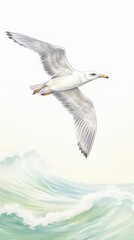 Obraz premium Illustration of a seagull gracefully flying over ocean waves, capturing the serenity and beauty of seaside nature.