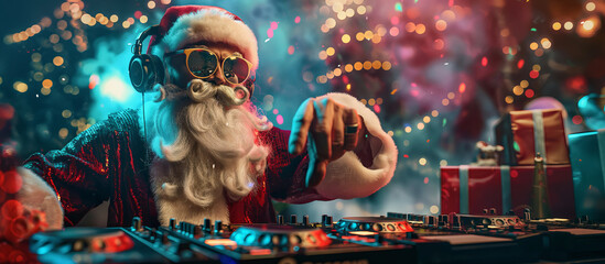 Santa Claus DJing at a Christmas Party, Festive Celebration, Holiday Music