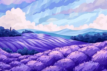 Fototapeta premium Beautiful lavender field landscape with vibrant purple flowers under a cloudy sky, mountains in the background, serene and picturesque.