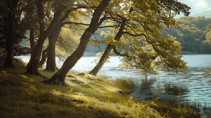 Day filled with sunlight trees leaning towards the lake s shore
