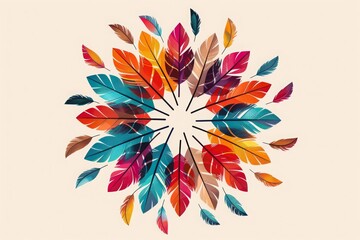 Obraz premium Colorful feather mandala with a vibrant arrangement of multicolored feathers, perfect for nature-themed designs and artistic projects.