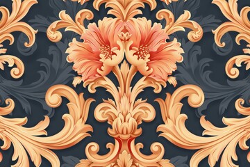 Elegant floral damask pattern with intricate designs in shades of orange and gold against a dark background.