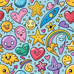Obraz premium Seamless pattern of whimsical doodles such as stars, hearts, and smiley faces, Generative AI