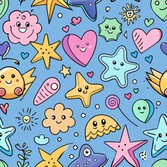 Seamless pattern of whimsical doodles such as stars, hearts, and smiley faces, Generative AI