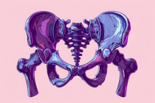 Illustration of human pelvic bone structure in vibrant colors against a pink background. Artistic representation of anatomy and skeletal system.
