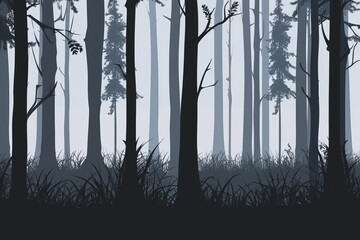 Obraz premium Mysterious misty forest with tall trees and dark shadows, perfect for creating a haunting and serene atmosphere.