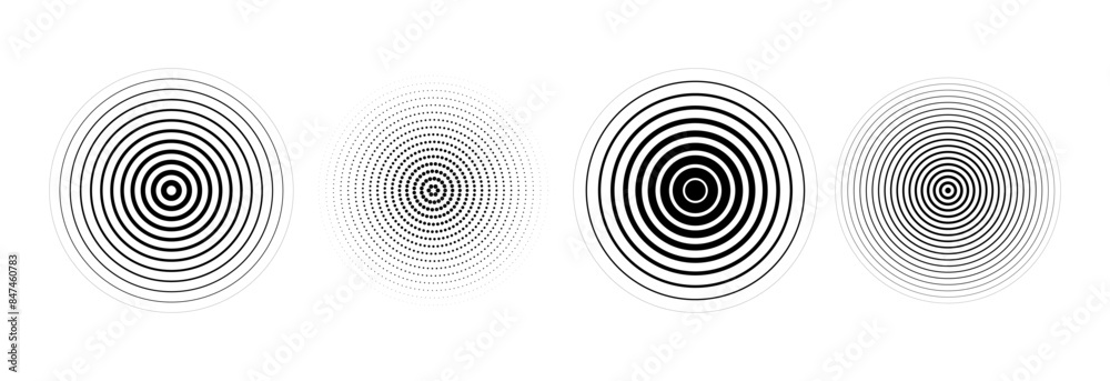 Poster Black concentric circle set. Sonar or sound wave ring collection. Dotted and linear epicentre, target, radar icon concept. Ripple radial signal or vibration elements. Vector line and halftone symbols