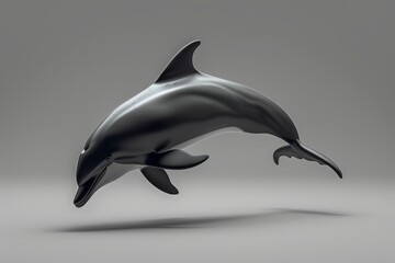 Fototapeta premium Sleek, black dolphin sculpture isolated on a grey background, showcasing marine life artistry. Ideal for aquatic or wildlife-themed decor.