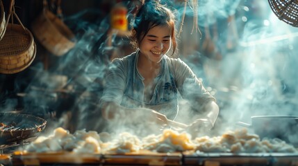 Hill Tribe Woman Preparing Dumplings. Smiling hill tribe woman prepares dumplings in a smoke-filled kitchen, highlighting traditional cooking practices and cultural heritage.