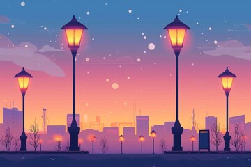 Beautiful illustration of a city's evening skyline with colorful street lamps, soft snowfall, and calm sunset hues in the background.
