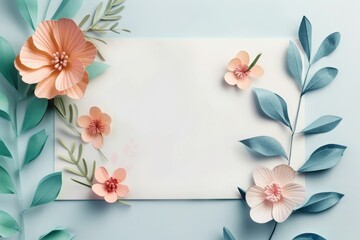 Obraz premium Beautiful paper art floral frame with pastel flowers and leaves. Perfect for invitations, greeting cards, and design projects.