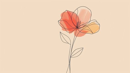Minimalist single line art flower red orange watercolor touches beige background. Modern, elegant, simple design.