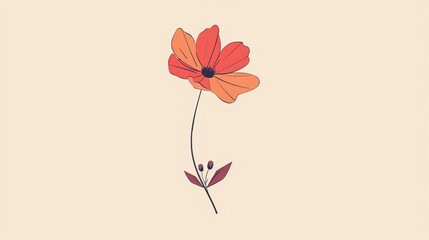 Obraz premium Minimalistic illustration of a single red-orange flower with a beige background, perfect for nature and botanical designs.