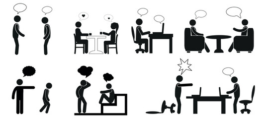 a set of pictograms of human figures, man, people, talking, thought,negotiation, scream, flat vector illustration, on a white background