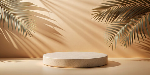 Round Stone Textured Podium with Natural Soft Shadow on Beige Background