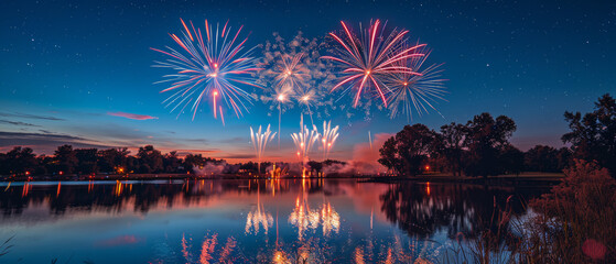 A beautiful night sky with fireworks and a lake in the background