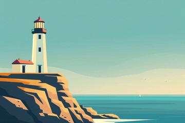 Illustration of a lighthouse standing tall on a cliff overlooking the calm sea with a clear sky in the background.