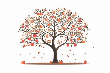 Illustration of an autumn tree with falling leaves and scattered pumpkins, capturing the essence of the fall season in a minimalist design.