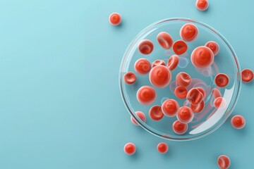 Microscopic view of red blood cells inside a petri dish against a light blue background, perfect for medical and scientific purposes.