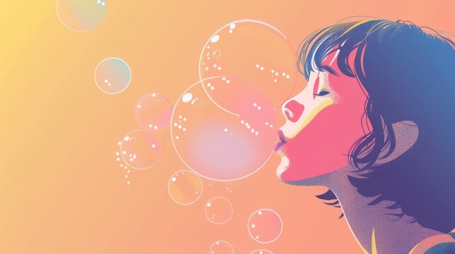 Illustration of a woman blowing soap bubbles against a gradient background, capturing a playful moment of joy and childhood nostalgia.