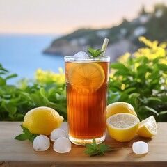 lemonade with lemon and mint, A tall glass of iced tea with a straw sits on a wooden table lemon wedges and mint leaves blurred background, Desk of free space and glass of ice tea with cold ice cubes